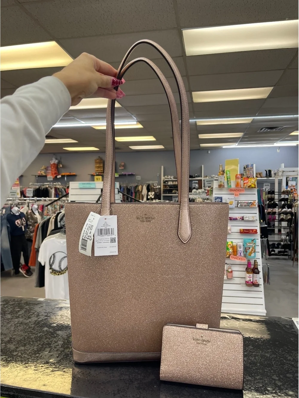 Kate Spade New York Rose Gold Glitter Tote Bag and Wallet Set